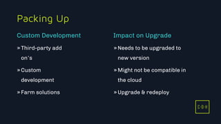 C D H
Packing Up
»Third-party add
on’s
»Custom
development
»Farm solutions
»Needs to be upgraded to
new version
»Might not be compatible in
the cloud
»Upgrade & redeploy
Custom Development Impact on Upgrade
C D H
 