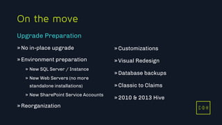 C D H
On the move
»No in-place upgrade
»Environment preparation
» New SQL Server / Instance
» New Web Servers (no more
standalone installations)
» New SharePoint Service Accounts
»Reorganization
»Customizations
»Visual Redesign
»Database backups
»Classic to Claims
»2010 & 2013 Hive
Upgrade Preparation
C D H
 