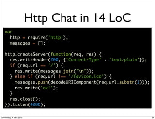 Http Chat in 14 LoC
    var
      http = require('http'),
      messages = [];

    http.createServer(function(req, res) {
      res.writeHeader(200, {'Content-Type' : 'text/plain'});
      if (req.url == '/') {
        res.write(messages.join("n"));
      } else if (req.url !== '/favicon.ico') {
        messages.push(decodeURIComponent(req.url.substr(1)));
        res.write('ok!');
      }
      res.close();
    }).listen(4000);

Donnerstag, 4. März 2010                                        34
 