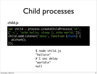 Child processes
            child.js
             var child = process.createChildProcess('sh',
             ['-c', 'echo h...