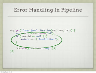 Error Handling In Pipeline



                 app.get('/user.json', function(req, res, next) {
                     var userid = req.param('id');
                     if ( userid == null ) {
                         return next('Invalid User');       
                     }
                  
                     res.send({ username: 'amy' });
                 });




Monday, March 18, 13
 