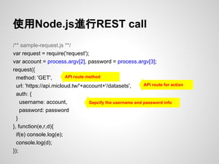 使用Node.js進行REST call
/** sample-request.js **/
var request = require('request');
var account = process.argv[2], password = process.argv[3];
request({
method: 'GET',
url: 'https://api.micloud.tw/'+account+'/datasets',
auth: {
username: account,
password: password
}
}, function(e,r,d){
if(e) console.log(e);
console.log(d);
});
Sepcify the username and password info
API route for action
API route method
 