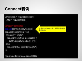var connect = require('connect')
, http = require('http');
var app = connect();
app.use(connect.bodyParser())
app.use(function(req, res){
if(req.url == '/hello')
res.end('Hello from Connect!n' +
JSON.stringify(req.body) || '');
else
res.end('Other from Connect!n');
});
http.createServer(app).listen(3000);
Connect範例
使用bodyParser之後，則可以從req中
取到body
 