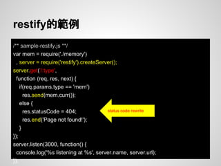 restify的範例
/** sample-restify.js **/
var mem = require('./memory')
, server = require('restify').createServer();
server.get('/:type',
function (req, res, next) {
if(req.params.type == 'mem')
res.send(mem.curr());
else {
res.statusCode = 404;
res.end('Page not found!');
}
});
server.listen(3000, function() {
console.log('%s listening at %s', server.name, server.url);
});
status code rewrite
 