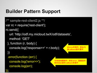 Builder Pattern Support
/** sample-rest-client2.js **/
var rc = require('rest-client');
rc.send({
url: 'http://odf.my.micloud.twX/odf/datasets',
method: 'GET'
}, function (r, body) {
console.log('response>>' + r.body);
})
.error(function (err) {
console.log('error>>');
console.log(err);
});
可串接相關操作，例如 error，讓錯誤的
部份由此處的callback來操作
非error的操作，將由內
建callback操作實作
 