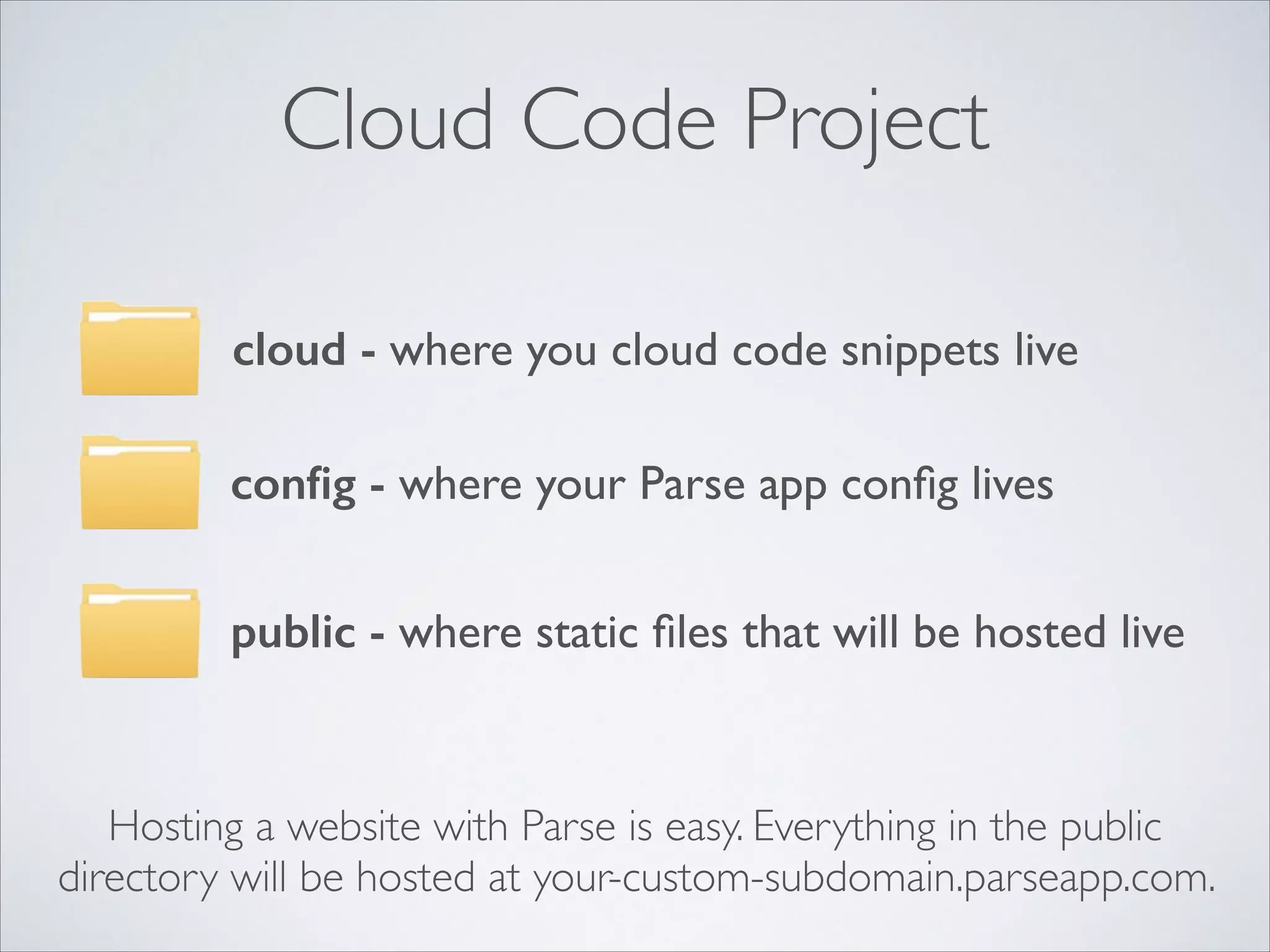 Cloud Code Project cloud - where you cloud code snippets live conﬁg - where your Parse app conﬁg lives public - where static ﬁles that will be hosted live Hosting a website with Parse is easy. Everything in the public directory will be hosted at your-custom-subdomain.parseapp.com. 