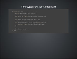 Последовательность операций
Y fn to *( {
( u ci n )
y edd. o nc (p in )
il b cn et o to s;
v rp s =y ed d .e Ps BI (o t d;
a ot
il b gt o ty dp sI )
v rt g =p s. a ss lt '' ;
a as
ot tg .p i (, )
v rt ge P ss =t g. a (u ci n t g {
a ag do t
as mp fn to ( a)
r tr y edd .e Ps sy a( a )
eu n il b gt o tB Tg tg ;
};
)
d .i cn e t)
bd so nc (;
} (;
))

 