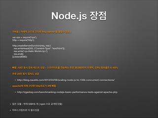 Node.js 장점
• 가벼움 ( 아래의 코드로 간단한 http server 를 돌릴수 있음 )
!
!
!
!
!
• 빠름 :10만 동시 접속 테스트 성공 - 스프라이트를 전송하는 초당 20,000번의 트래픽, CPU 점유율은 5~40%
• 추후 25만 동시 접속도 성공
• http://blog.caustik.com/2012/04/08/scaling-node-js-to-100k-concurrent-connections/
• apache에 비해 간단한 http속도가 3배 빠름
• http://zgadzaj.com/benchmarking-nodejs-basic-performance-tests-against-apache-php
!
• 많은 모듈 : 현재 53919 개 ( npm 으로 공개된것들)
• 자바스크립트로 다 할수있음
var sys = require('sys'),
http = require('http');
http.createServer(function(req, res) {
res.writeHead(200, {'Content-Type': 'text/html'});
res.write('<p>Hello World</p>');
res.end();
}).listen(8080);
 
