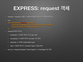EXPRESS: request 객체
• request : express 모듈로 서버를 생성할때 생성되는 첫번째 매개 변수
• ex:)
!
!
• request객체의 매서드
• header(); // 요청한 헤더의 속성 get /set
• accepts(); // 요청한 헤더의 accept 속성 확인
• param(); // 요청한 parameters get
• is(); // 요청한 헤더의 Contetn-Type 속성을 확인
• var ua = request.header( ‘User-Agent’); //userAgent 값 저장
app.use(function(request, response) {
response.writeHead( 200, { 'Content-Type': 'text/html' });
response.end( '<h1>Hello world</h1>' );
});
 