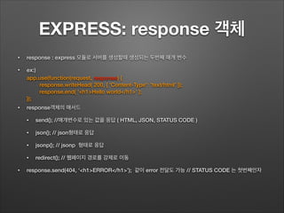EXPRESS: response 객체
• response : express 모듈로 서버를 생성할때 생성되는 두번째 매개 변수
• ex:)
!
!
• response객체의 매서드
• send(); //매개변수로 있는 값을 응답 ( HTML, JSON, STATUS CODE )
• json(); // json형태로 응답
• jsonp(); // jsonp 형태로 응답
• redirect(); // 웹페이지 경로를 강제로 이동
• response.send(404, ‘<h1>ERROR</h1>’); 같이 error 전달도 가능 // STATUS CODE 는 첫번째인자
app.use(function(request, response) {
response.writeHead( 200, { 'Content-Type': 'text/html' });
response.end( '<h1>Hello world</h1>' );
});
 