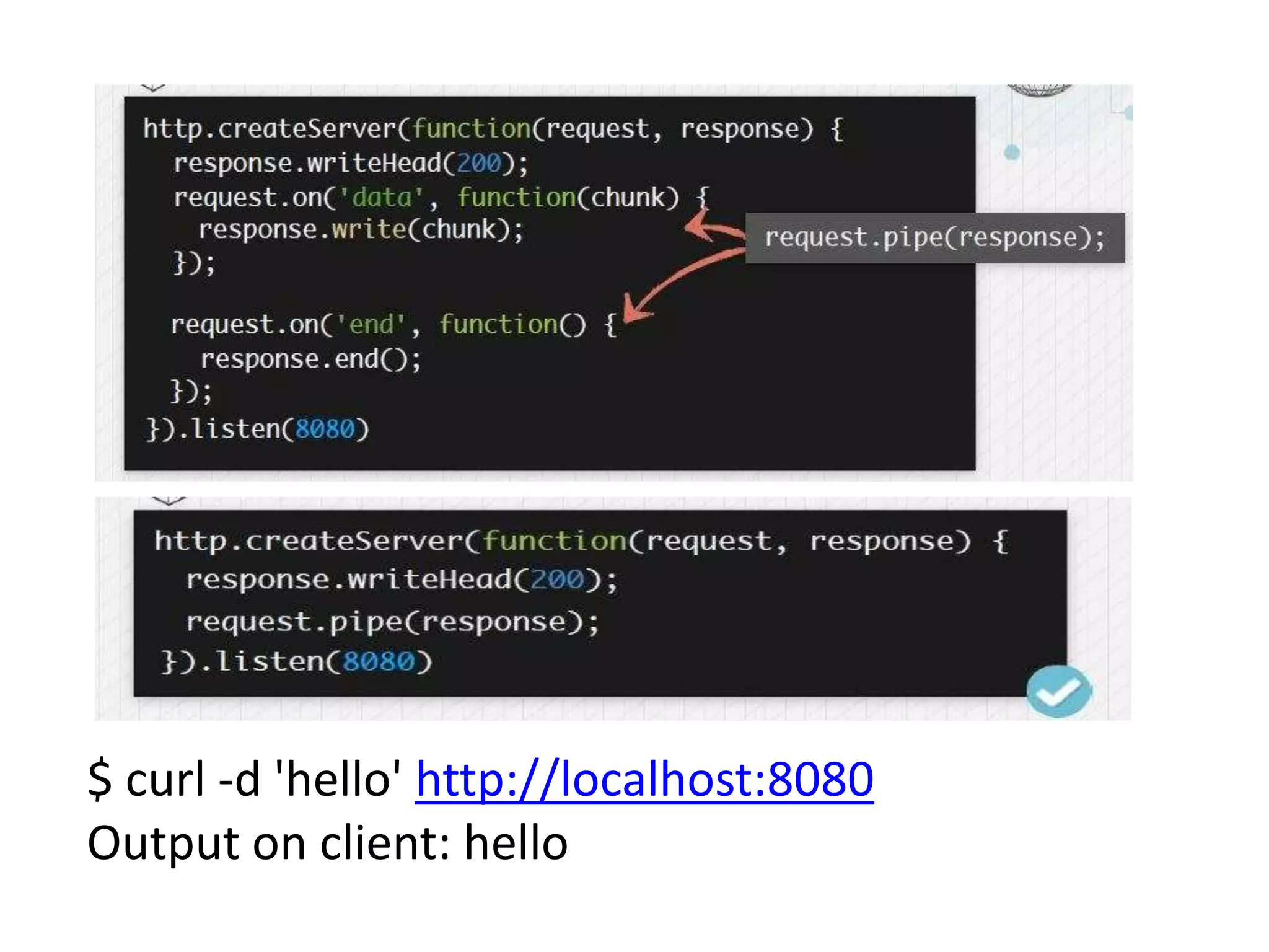 $ curl -d 'hello' http://localhost:8080
Output on client: hello

 
