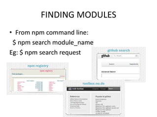 FINDING MODULES
• From npm command line:
$ npm search module_name
Eg: $ npm search request

 