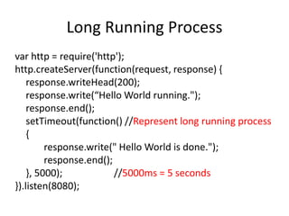 Long Running Process
var http = require('http');
http.createServer(function(request, response) {
response.writeHead(200);
response.write(“Hello World running.");
response.end();
setTimeout(function() //Represent long running process
{
response.write(" Hello World is done.");
response.end();
}, 5000);
//5000ms = 5 seconds
}).listen(8080);

 