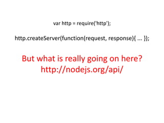 var http = require('http');

http.createServer(function(request, response){ ... });

But what is really going on here?
http://nodejs.org/api/

 