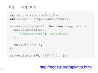 33
var http = require('http');
var server = http.createServer();
server.on('request', function (req, res) {
res.writeHead(200, {
'Content-Type': 'text/plain'
});
res.end('okay');
});
server.listen(80, '127.0.0.1');
http – сервер
http://nodejs.org/api/http.html
 
