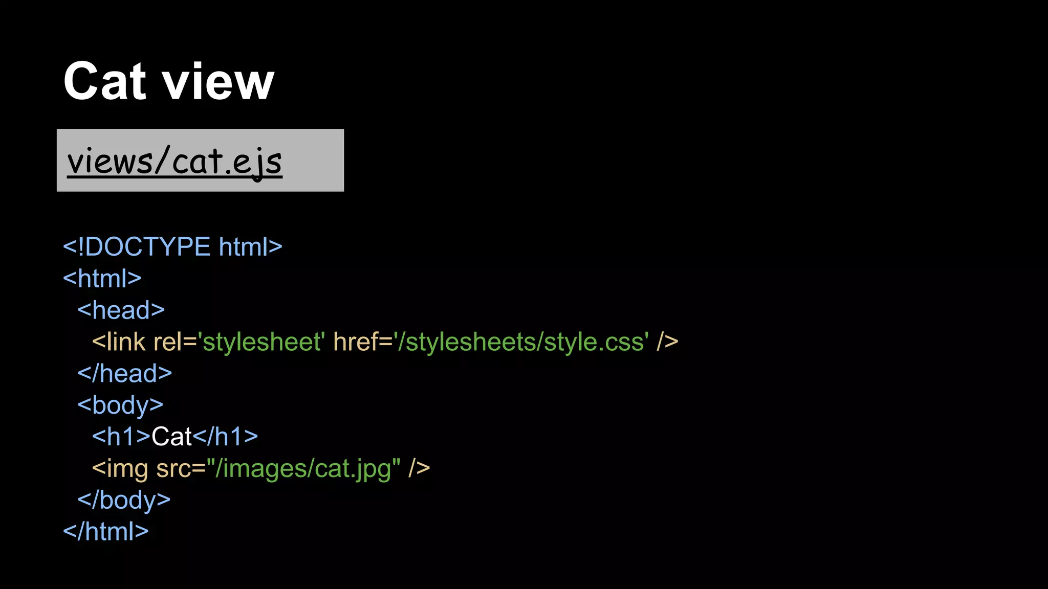 Cat view
<!DOCTYPE html>
<html>
<head>
<link rel='stylesheet' href='/stylesheets/style.css' />
</head>
<body>
<h1>Cat</h1>
<img src="/images/cat.jpg" />
</body>
</html>
views/cat.ejs
 