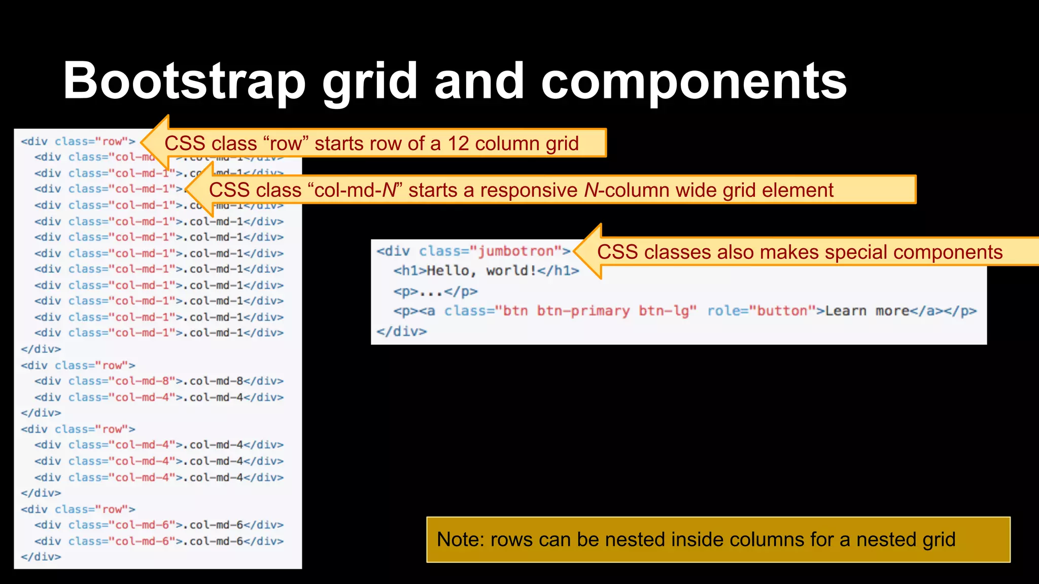 Bootstrap grid and components
CSS classes also makes special components
CSS class “row” starts row of a 12 column grid
CSS class “col-md-N” starts a responsive N-column wide grid element
Note: rows can be nested inside columns for a nested grid
 