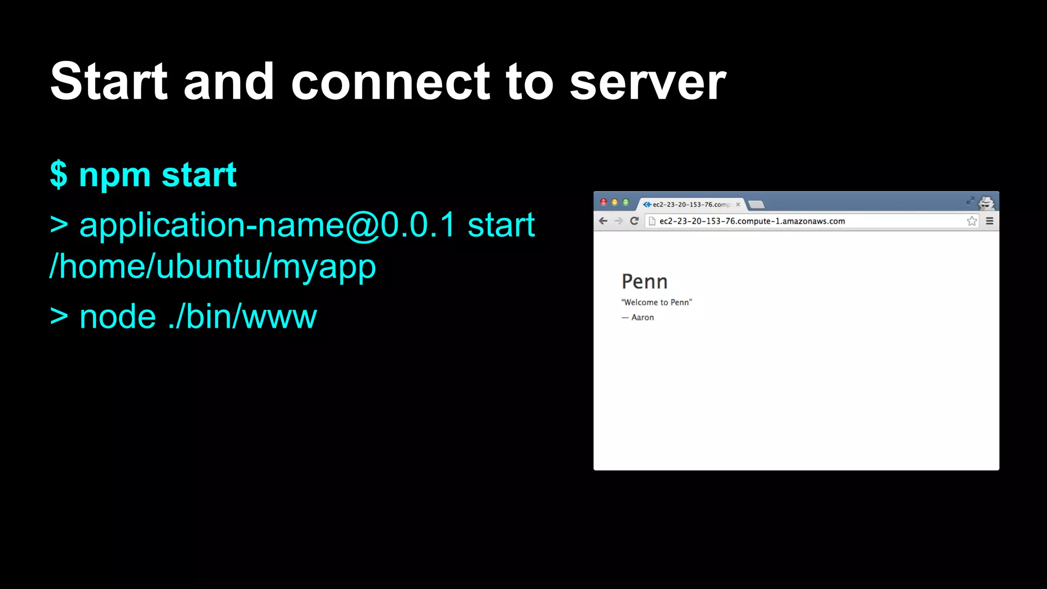 Start and connect to server
$ npm start
> application-name@0.0.1 start
/home/ubuntu/myapp
> node ./bin/www
 