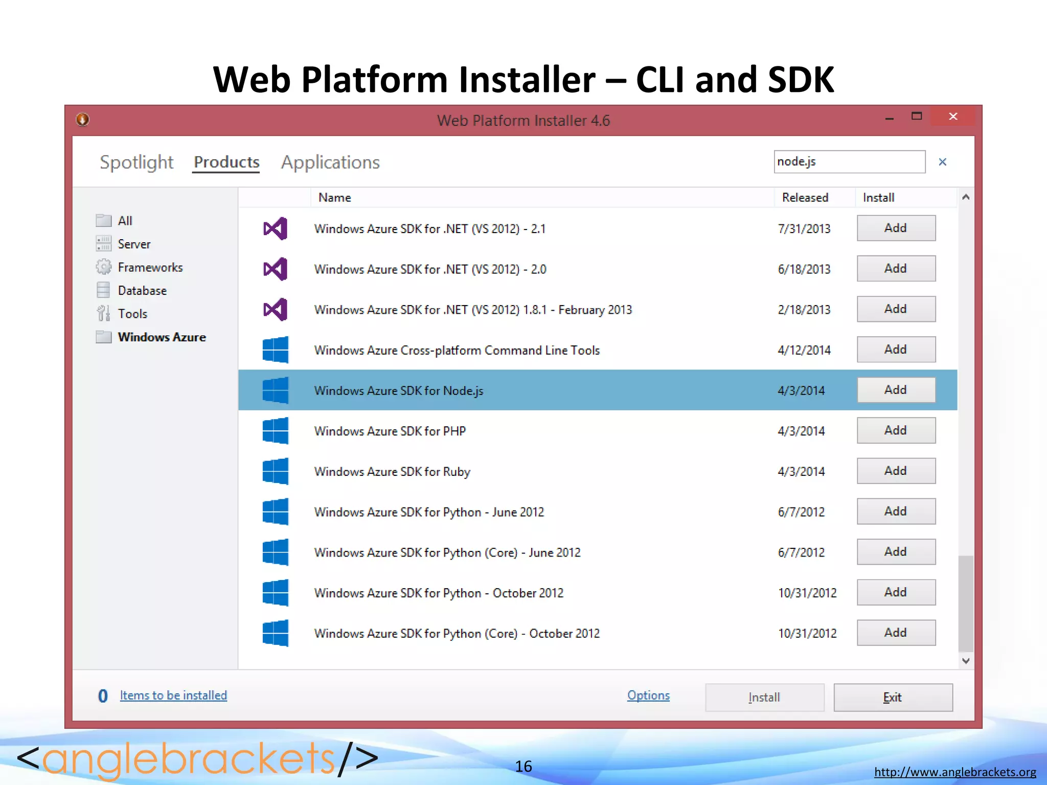 16 http://www.anglebrackets.org
Web Platform Installer – CLI and SDK
 