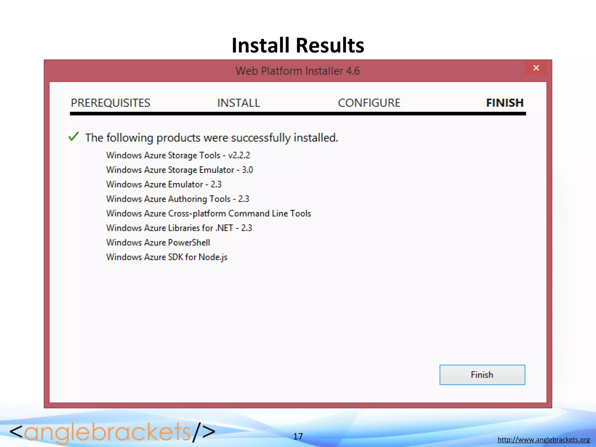17 http://www.anglebrackets.org
Install Results
 