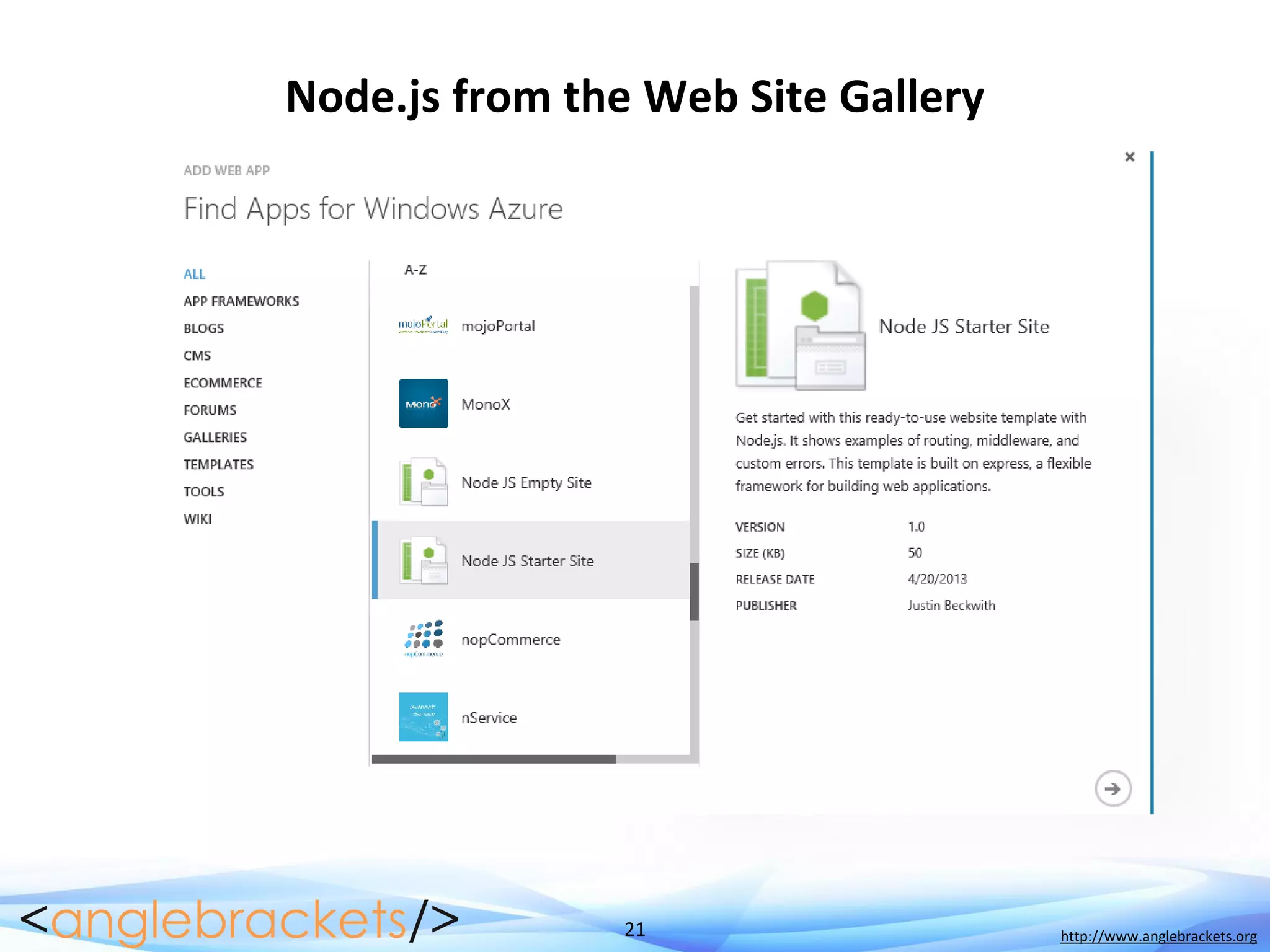 21 http://www.anglebrackets.org
Node.js from the Web Site Gallery
 