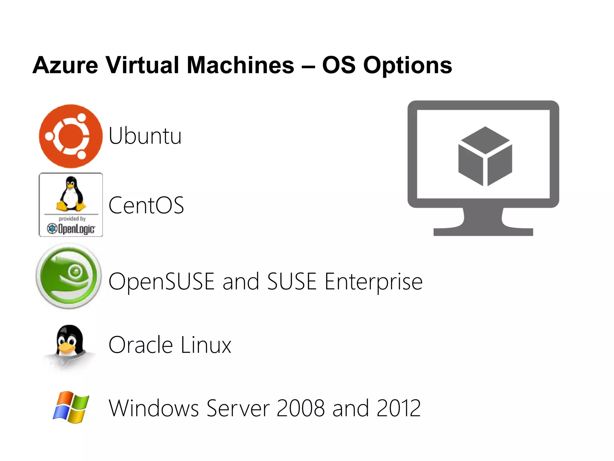 Azure Virtual Machines – OS Options
Windows Server 2008 and 2012
OpenSUSE and SUSE Enterprise
CentOS
Ubuntu
Oracle Linux
 