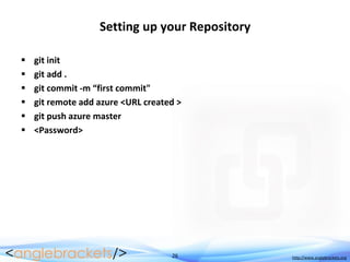 26 http://www.anglebrackets.org
Setting up your Repository
 git init
 git add .
 git commit -m “first commit"
 git remote add azure <URL created >
 git push azure master
 <Password>
 