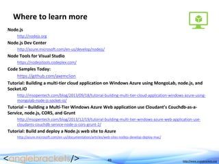 49 http://www.anglebrackets.org
Where to learn more
Node.js
http://nodejs.org
Node.js Dev Center
http://azure.microsoft.com/en-us/develop/nodejs/
Node Tools for Visual Studio
https://nodejstools.codeplex.com/
Code Samples Today:
https://github.com/axemclion
Tutorial: Building a multi-tier cloud application on Windows Azure using MongoLab, node.js, and
Socket.IO
http://msopentech.com/blog/2013/09/18/tutorial-building-multi-tier-cloud-application-windows-azure-using-
mongolab-node-js-socket-io/
Tutorial – Building a Multi-Tier Windows Azure Web application use Cloudant’s Couchdb-as-a-
Service, node.js, CORS, and Grunt
http://msopentech.com/blog/2013/12/19/tutorial-building-multi-tier-windows-azure-web-application-use-
cloudants-couchdb-service-node-js-cors-grunt-2/
Tutorial: Build and deploy a Node.js web site to Azure
http://azure.microsoft.com/en-us/documentation/articles/web-sites-nodejs-develop-deploy-mac/
 