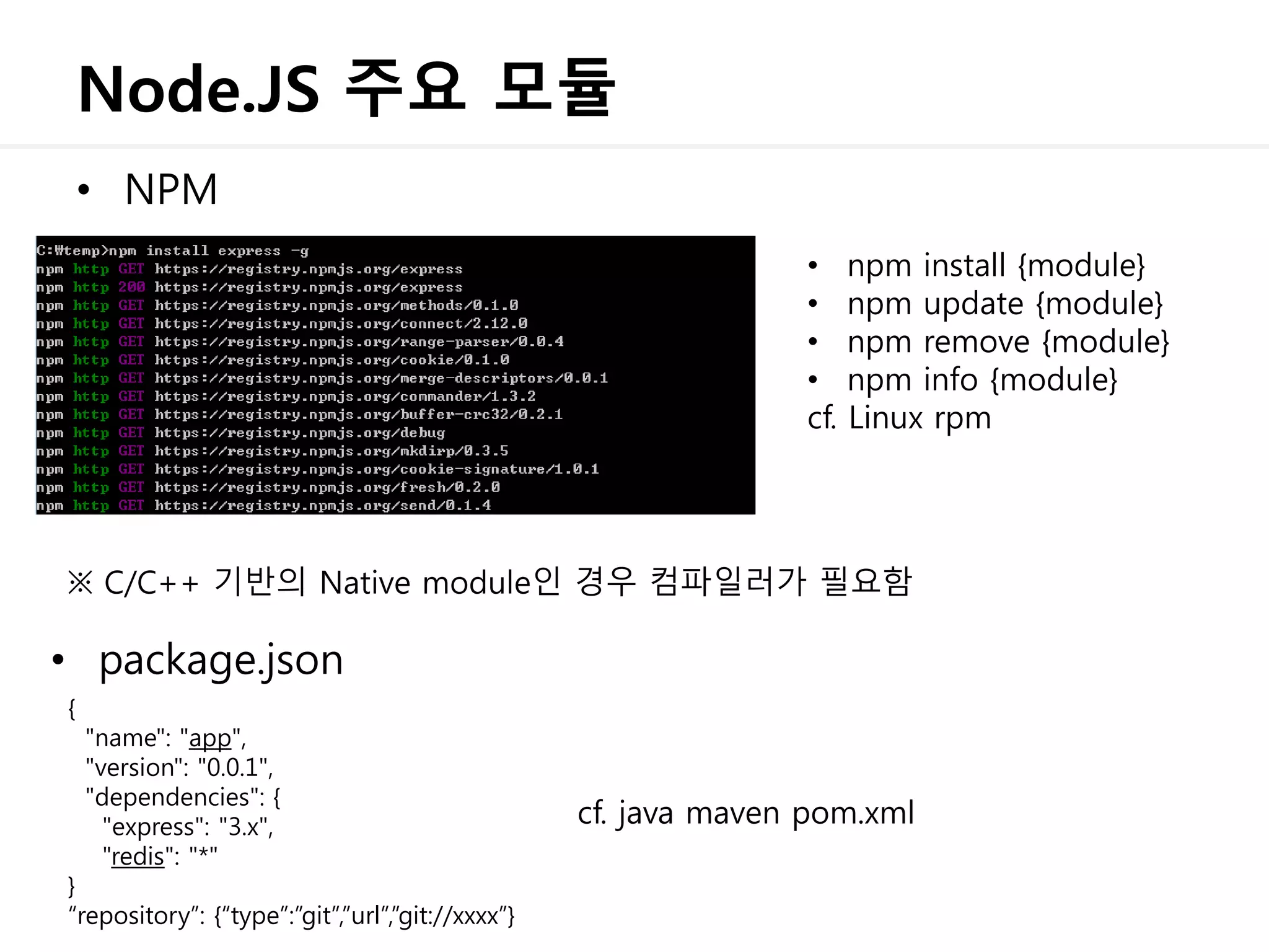 Node.JS 주요 모듈
• NPM
• npm install {module}
• npm update {module}
• npm remove {module}
• npm info {module}
cf. Linux rpm
• package.json
※ C/C++ 기반의 Native module인 경우 컴파일러가 필요함
{
"name": "app",
"version": "0.0.1",
"dependencies": {
"express": "3.x",
"redis": "*"
}
“repository”: {“type”:”git”,”url”,”git://xxxx”}
cf. java maven pom.xml
 