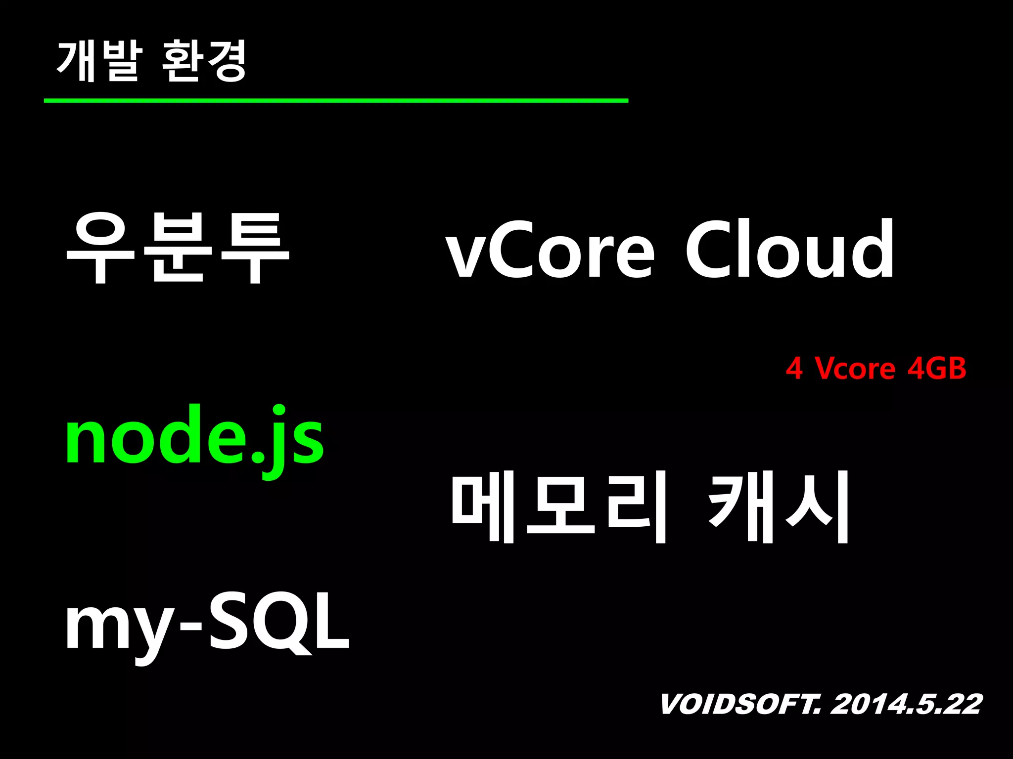 VOIDSOFT. 2014.5.22
개발 환경
우분투
node.js
my-SQL
vCore Cloud
4 Vcore 4GB
메모리 캐시
 
