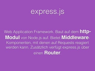 NPM Module
var express = require(‘express’);!
!
var app = express();!
!
app.get(‘/‘, function(req, res) {!
res.send(‘Hello World’);!
});!
!
app.listen(8080);
C:WINDOWS npm install express
 