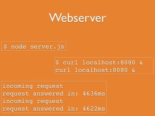 var myAsyncFunc = function() {!
var deferred = Q.defer();!
fs.readFile('input.txt', 'utf-8',
function(err, data) {!
if (err) {!
deferred.reject(err);!
} else {!
deferred.resolve(data);!
}!
});!
return deferred.promise;!
}!
!
myAsyncFunc().then(function(data) {!
console.log(data);!
});
 