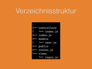 Verzeichnisstruktur
.!
!"" controllers!
#   $"" index.js!
!"" index.js!
!"" models!
#   $"" user.js!
!"" public!
!"" router.js!
$"" views!
$"" login.js
 