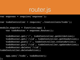 router.js
var express = require('express');!
!
var todoController = require('./controllers/todo');!
!
module.exports = function(app) {!
var todoRouter = express.Router();!
!
todoRouter.get('/', todoController.getAllAction);!
todoRouter.get('/:id', todoController.getOneAction);!
todoRouter.post('/', todoController.createAction);!
todoRouter.put('/:id', todoController.updateAction);!
todoRouter.delete('/:id',
todoController.deleteAction);!
!
app.use('/todo', todoRouter);!
};
 