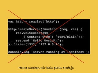 var http = require(‘http');!
!
http.createServer(function (req, res) {!
res.writeHead(200, !
{'Content-Type': 'text/plain'});!
res.end('Hello Worldn');!
}).listen(1337, ‘127.0.0.1');!
!
console.log('Server running at localhost');
Heute machen wir kein plain Node.js
 