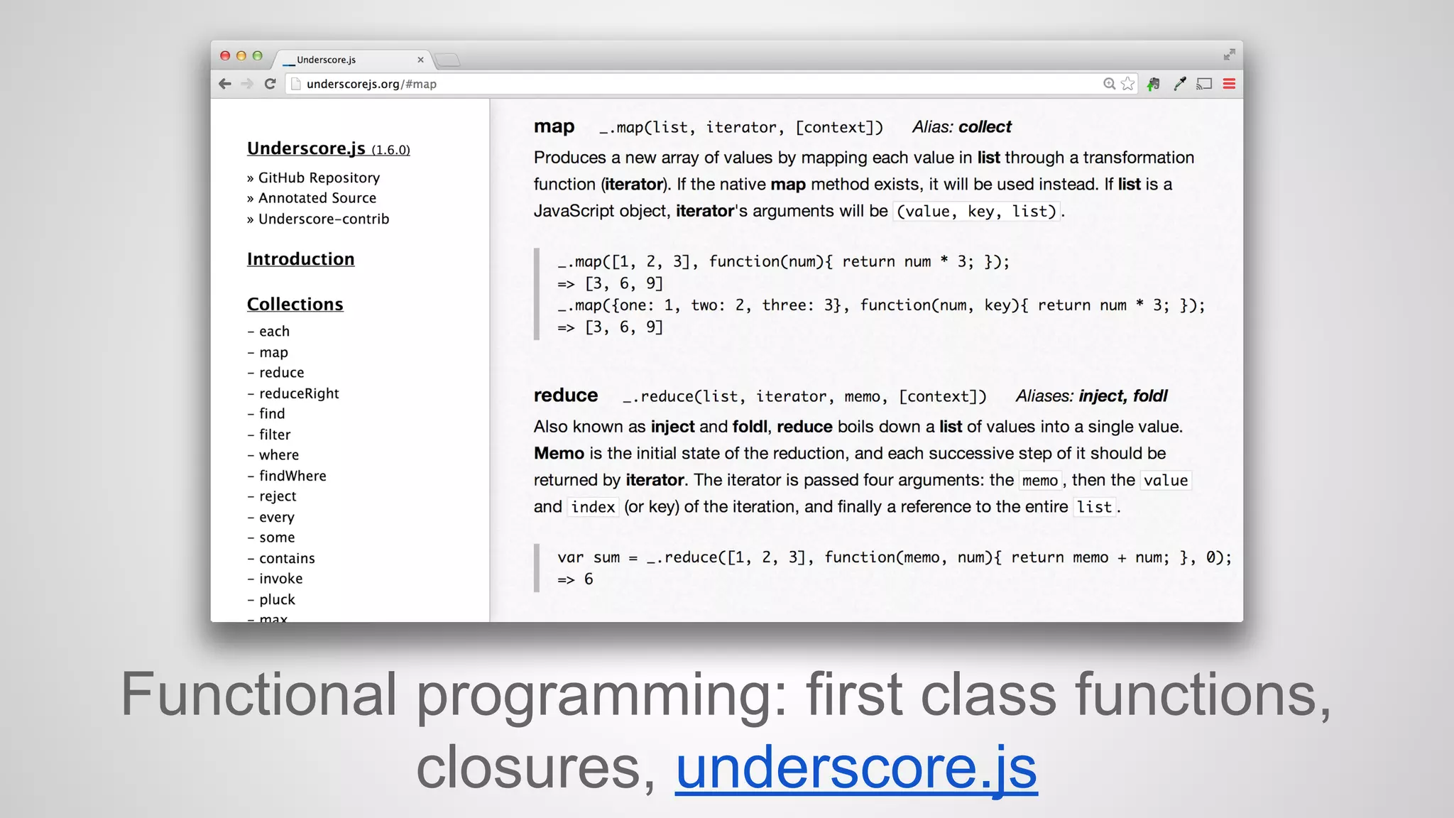 Functional programming: first class functions, 
closures, underscore.js 
 