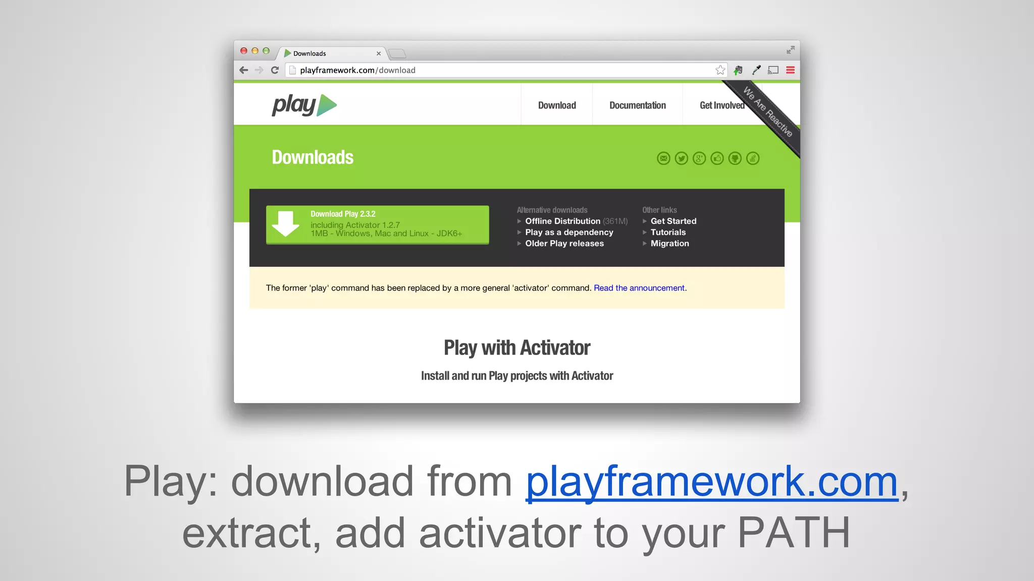 Play: download from playframework.com, 
extract, add activator to your PATH 
 