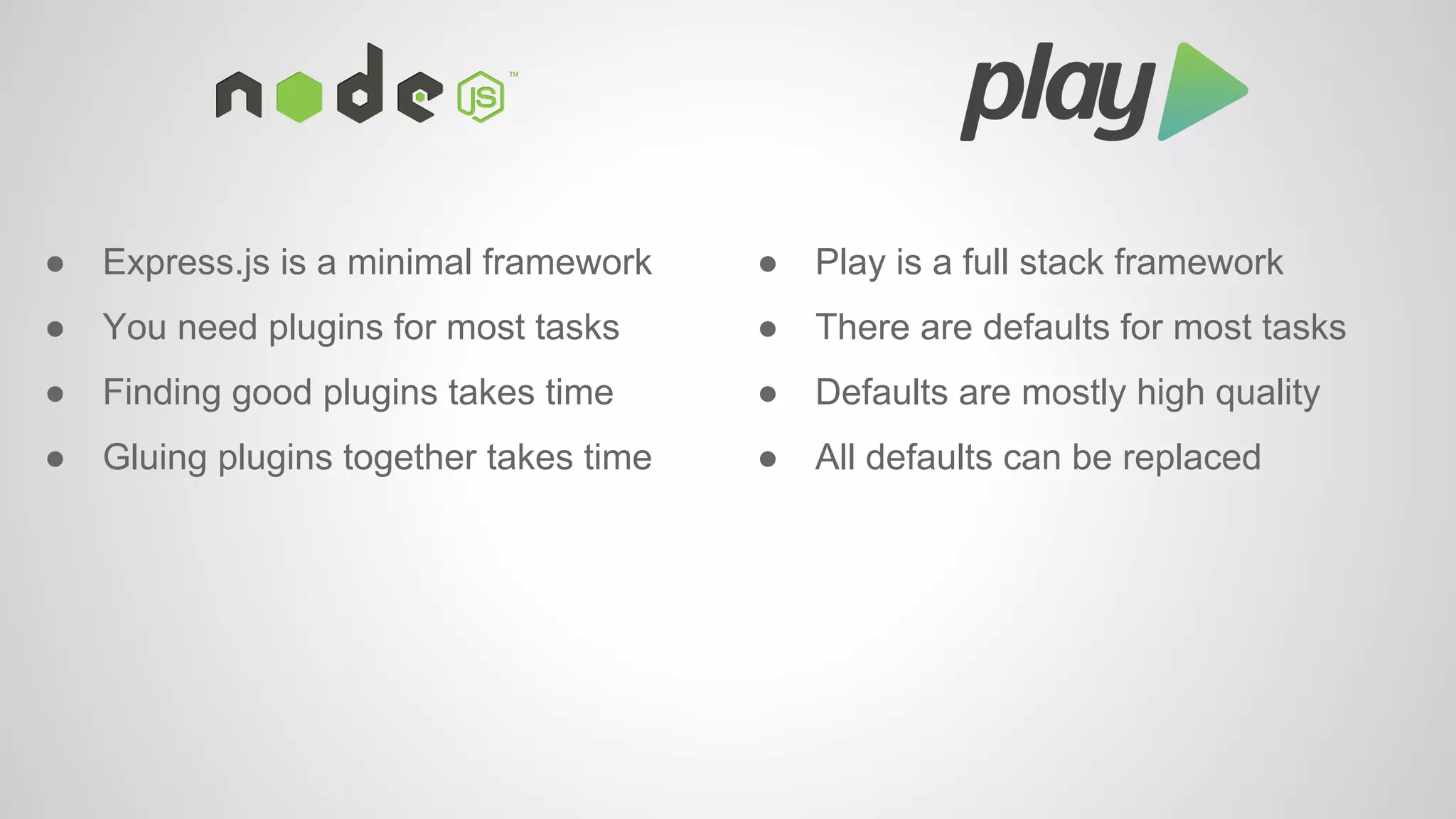 ● Express.js is a minimal framework ● Play is a full stack framework 
● You need plugins for most tasks 
● Finding good plugins takes time 
● Gluing plugins together takes time 
● There are defaults for most tasks 
● Defaults are mostly high quality 
● All defaults can be replaced 
 