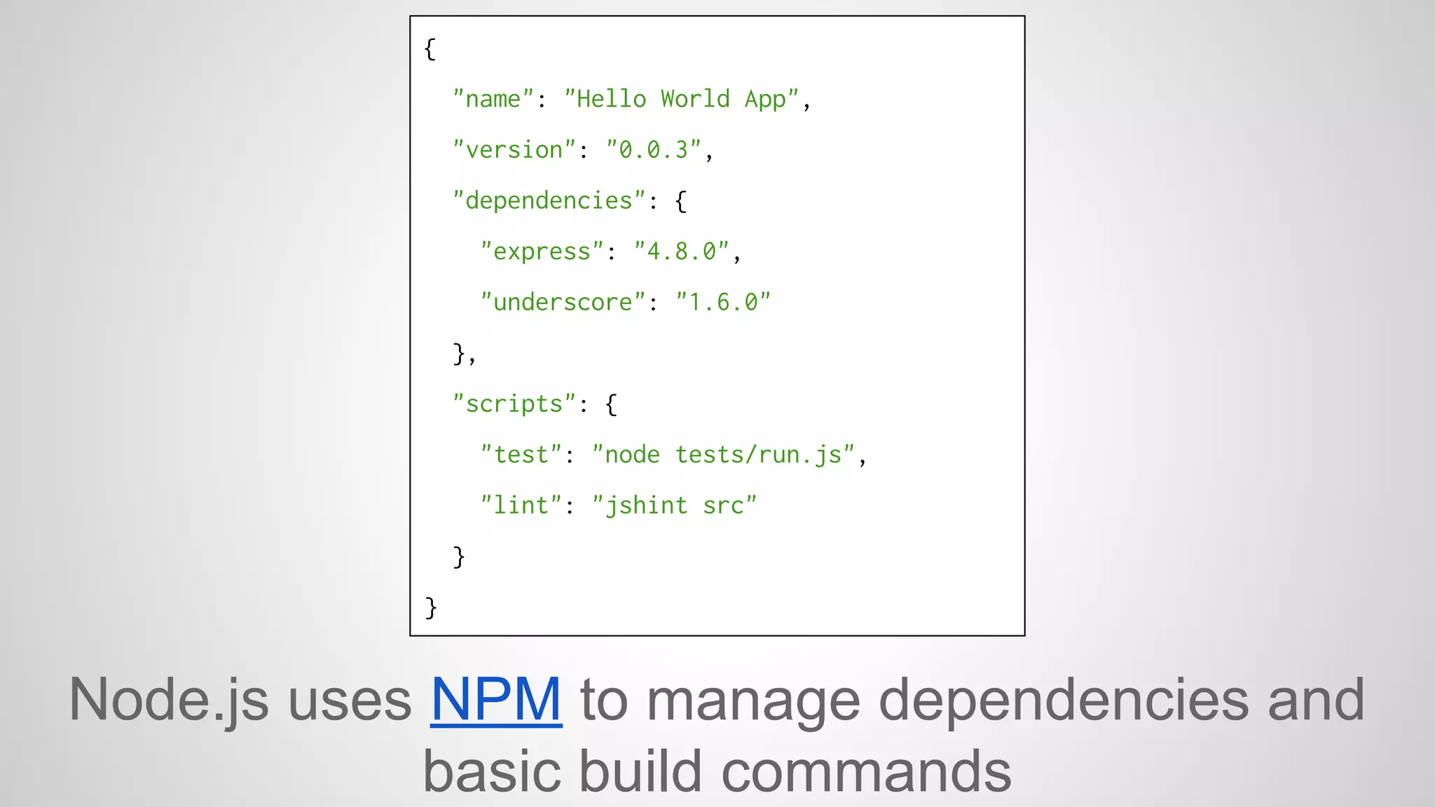 { 
"name": "Hello World App", 
"version": "0.0.3", 
"dependencies": { 
"express": "4.8.0", 
"underscore": "1.6.0" 
}, 
"scripts": { 
"test": "node tests/run.js", 
"lint": "jshint src" 
} 
} 
Node.js uses NPM to manage dependencies and 
basic build commands 
 