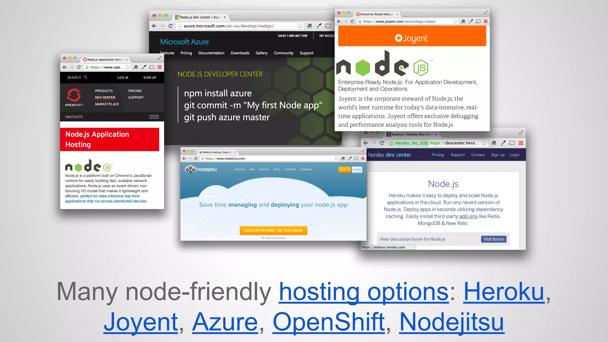 Many node-friendly hosting options: Heroku, 
Joyent, Azure, OpenShift, Nodejitsu 
 