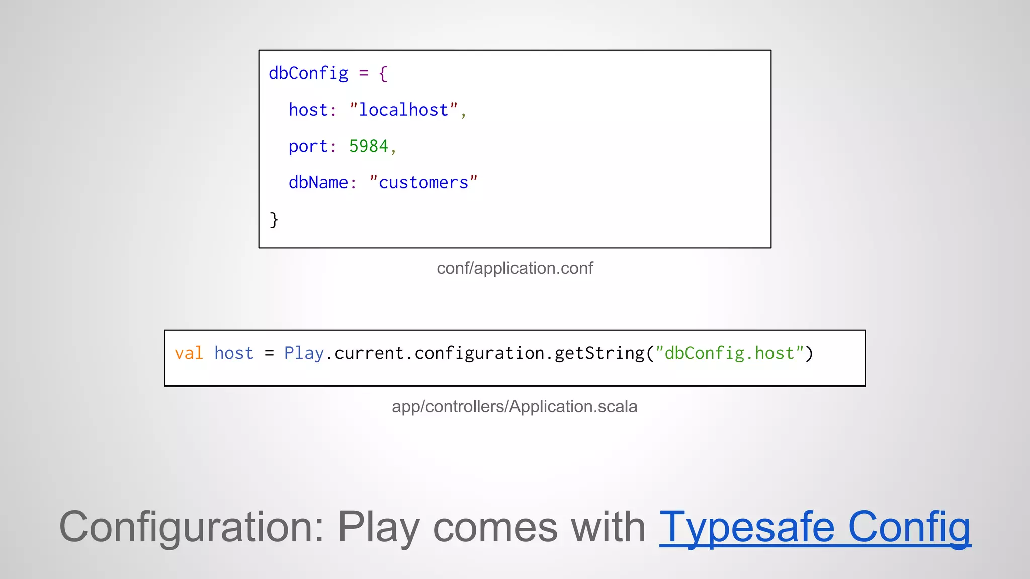dbConfig = { 
host: "localhost", 
port: 5984, 
dbName: "customers" 
} 
conf/application.conf 
val host = Play.current.configuration.getString("dbConfig.host") 
app/controllers/Application.scala 
Configuration: Play comes with Typesafe Config 
 