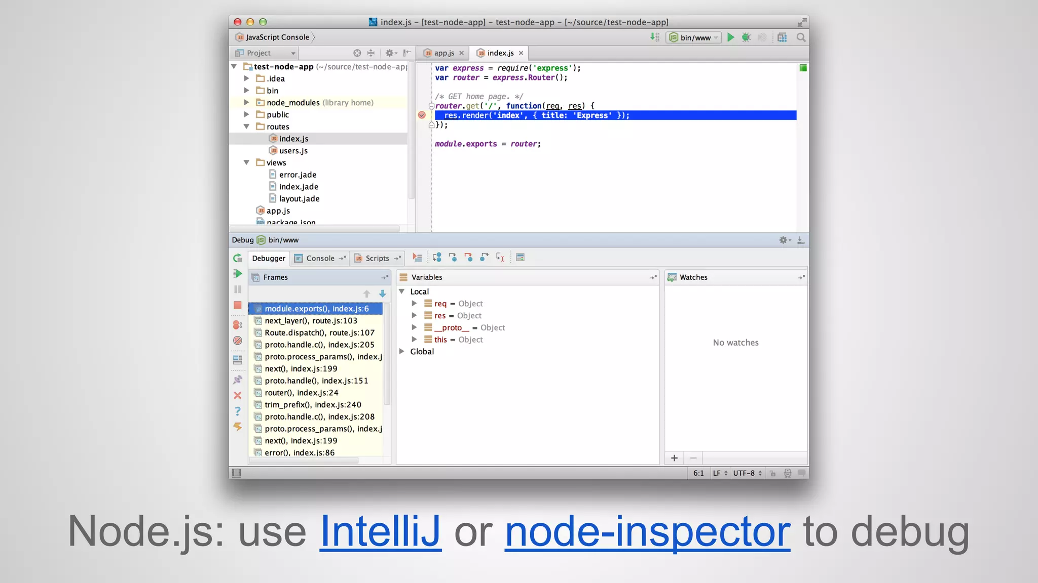 Node.js: use IntelliJ or node-inspector to debug 
 