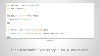 var express = require('express'); 
var app = express(); 
app.get('/', function(req, res){ 
res.send('Hello World'); 
}); 
...