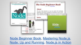 Node Beginner Book, Mastering Node.js, 
Node: Up and Running, Node.js in Action 
 