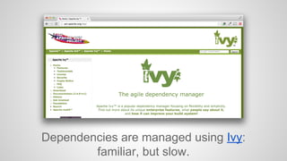 Dependencies are managed using Ivy: 
familiar, but slow. 
 