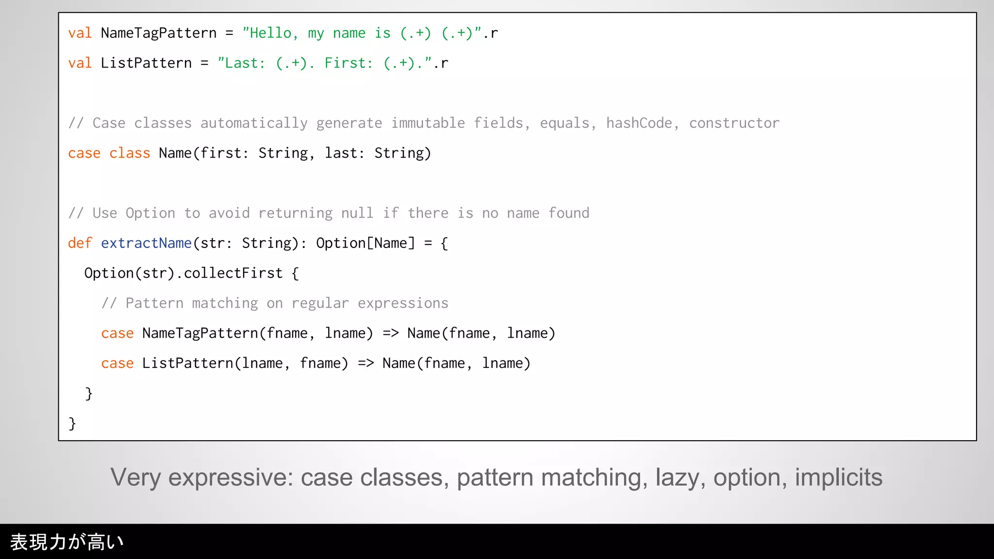 val NameTagPattern = "Hello, my name is (.+) (.+)".r 
val ListPattern = "Last: (.+). First: (.+).".r 
// Case classes automatically generate immutable fields, equals, hashCode, constructor 
case class Name(first: String, last: String) 
// Use Option to avoid returning null if there is no name found 
def extractName(str: String): Option[Name] = { 
Option(str).collectFirst { 
// Pattern matching on regular expressions 
case NameTagPattern(fname, lname) => Name(fname, lname) 
case ListPattern(lname, fname) => Name(fname, lname) 
} 
} 
Very expressive: case classes, pattern matching, lazy, option, implicits 
表現力が高い 
 