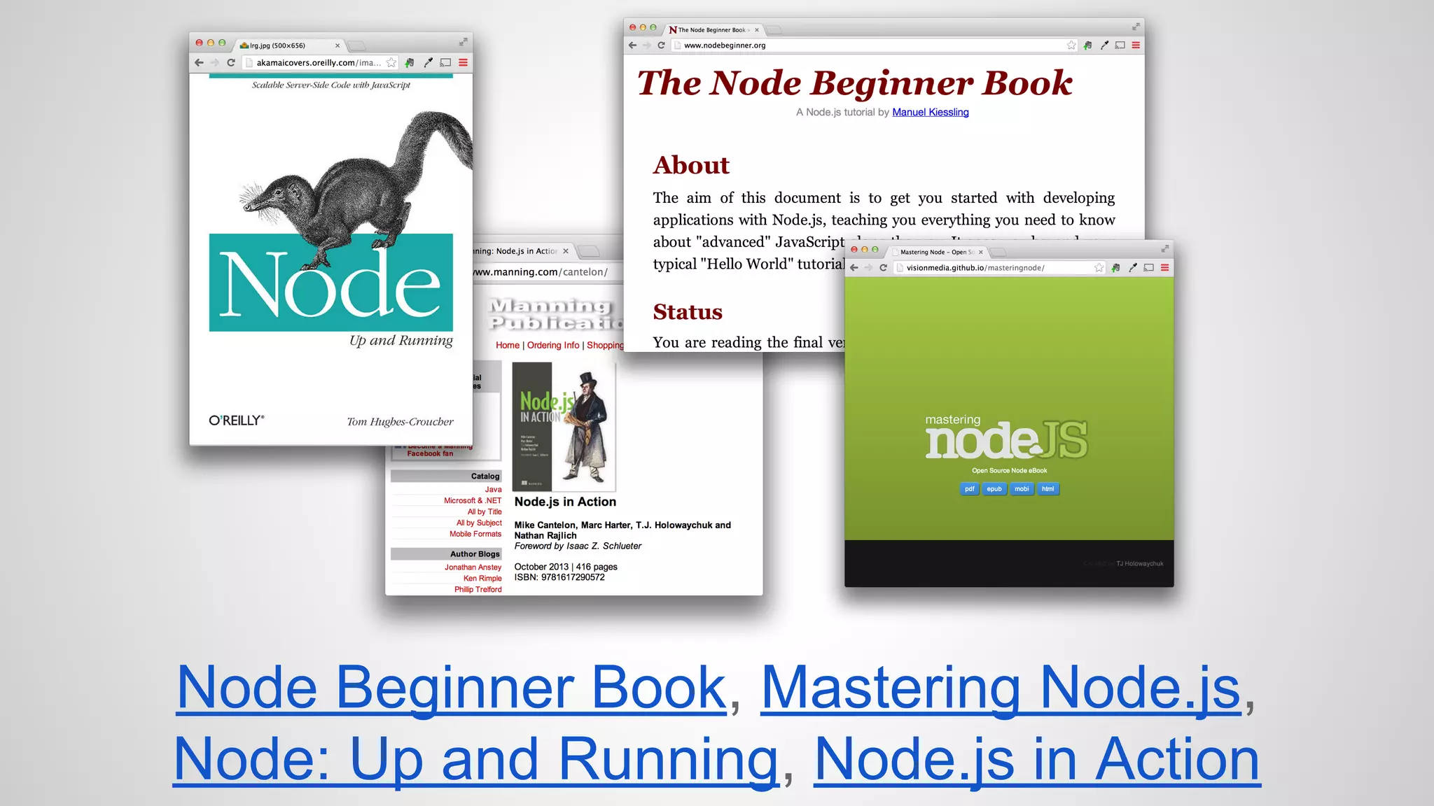 Node Beginner Book, Mastering Node.js, 
Node: Up and Running, Node.js in Action 
 