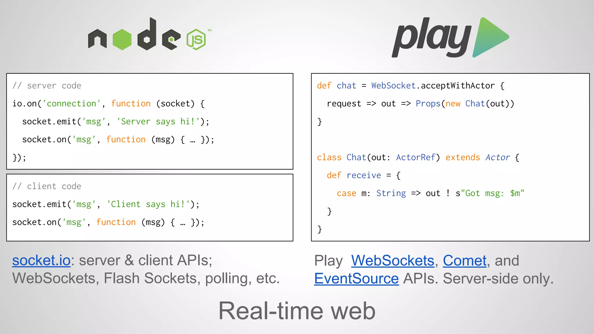 socket.io: server & client APIs; 
WebSockets, Flash Sockets, polling, etc. 
Play WebSockets, Comet, and 
EventSource APIs. Server-side only. 
Real-time web 
// server code 
io.on('connection', function (socket) { 
socket.emit('msg', 'Server says hi!'); 
socket.on('msg', function (msg) { … }); 
}); 
def chat = WebSocket.acceptWithActor { 
request => out => Props(new Chat(out)) 
} 
class Chat(out: ActorRef) extends Actor { 
def receive = { 
case m: String => out ! s"Got msg: $m" 
} 
} 
// client code 
socket.emit('msg', 'Client says hi!'); 
socket.on('msg', function (msg) { … }); 
 