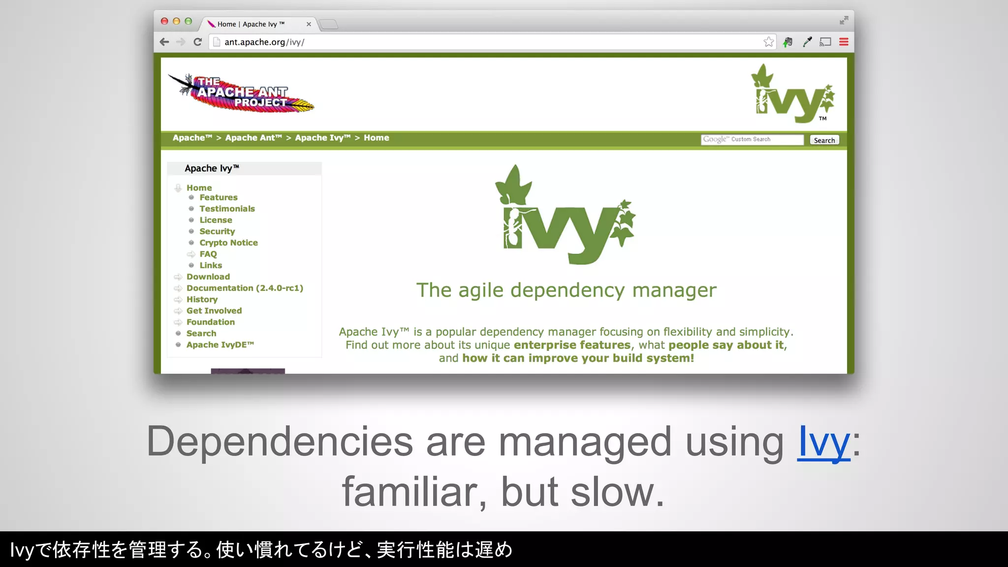 Dependencies are managed using Ivy: 
familiar, but slow. 
Ivyで依存性を管理する。使い慣れてるけど、実行性能は遅め 
 