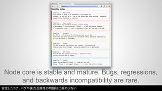 Node core is stable and mature. Bugs, regressions, 
and backwards incompatibility are rare. 
安定したコア。バグや後方互換性の問題は比較的少ない 
 
